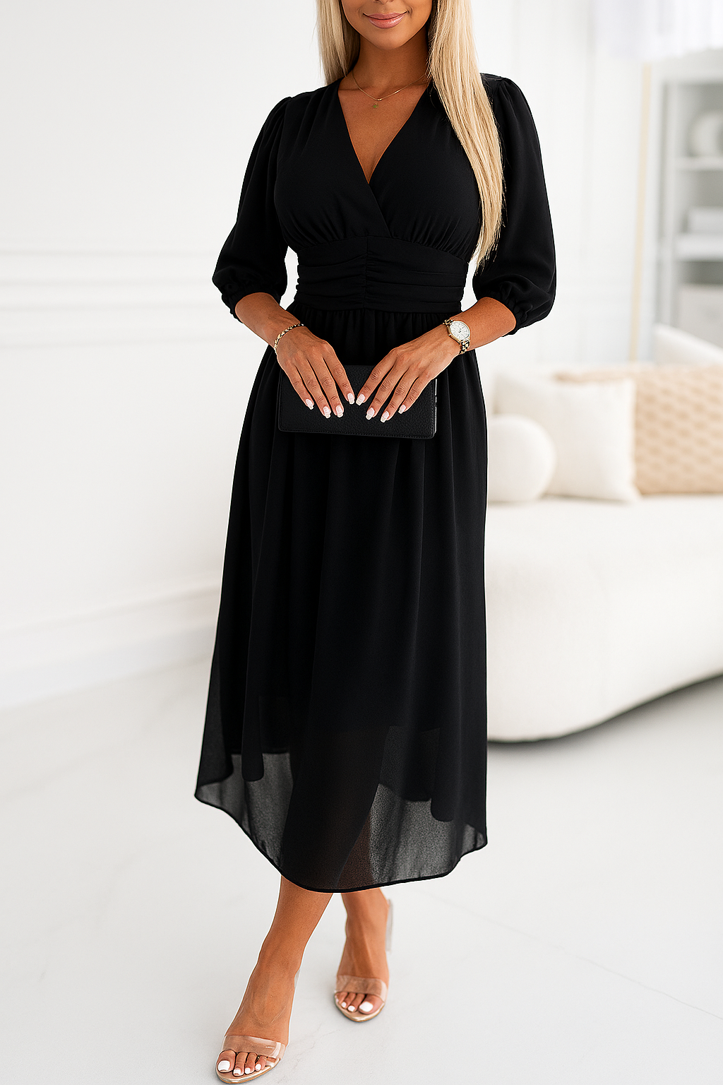 Angel-V-hals lichtgewicht chiffon jurk