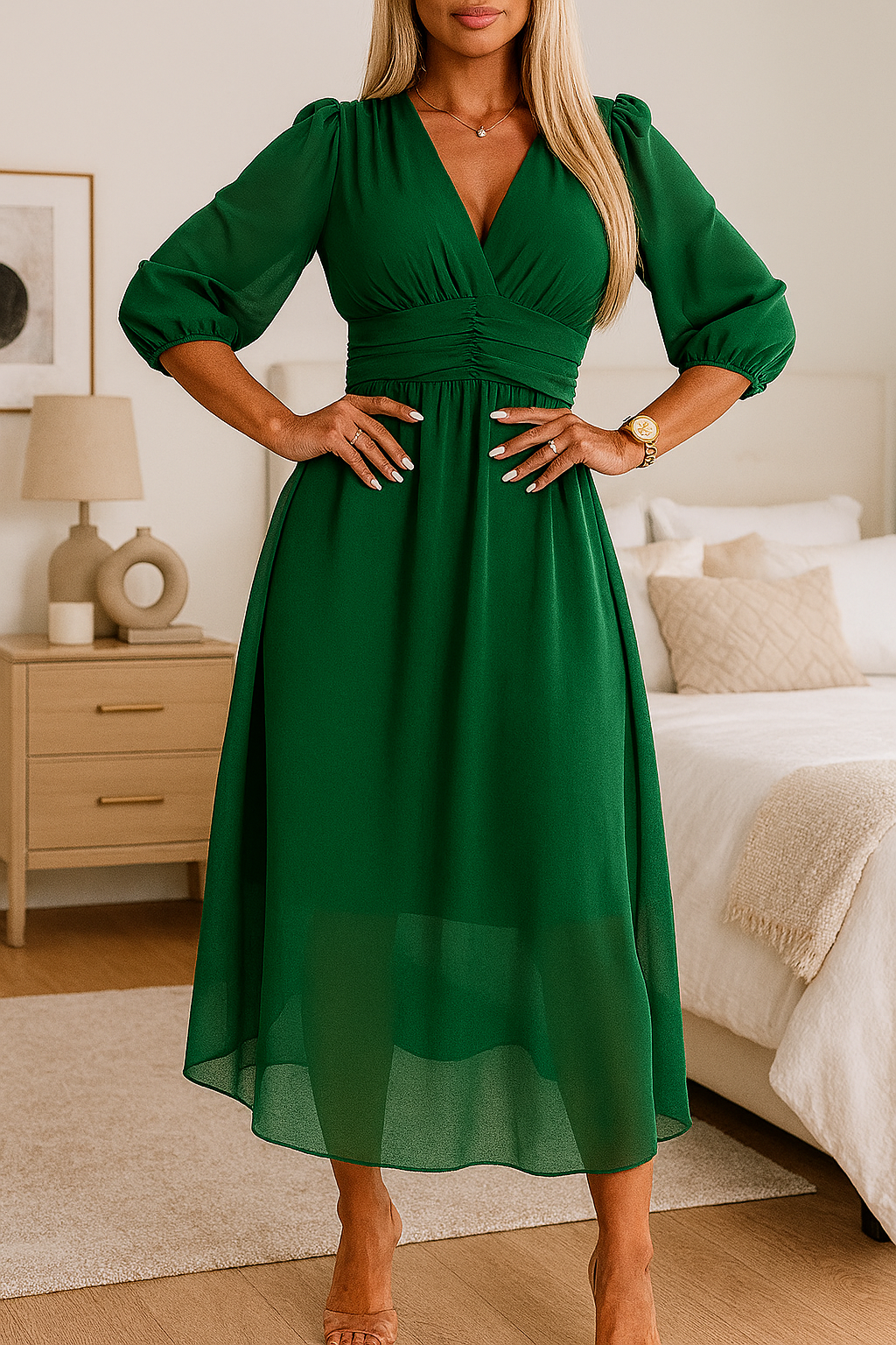 Angel-V-hals lichtgewicht chiffon jurk